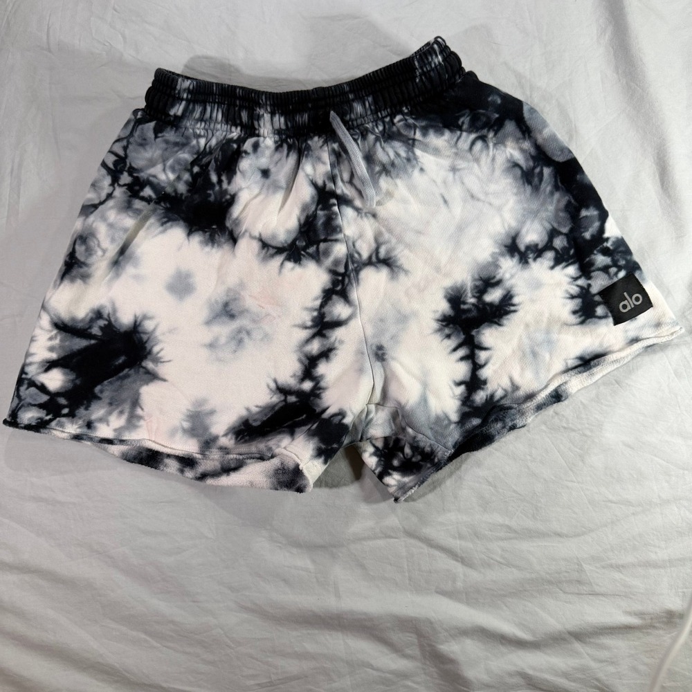 Alo Yoga Womens Tie Dye Fleece Lounge Shorts Black White Drawstring Small